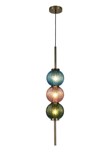 Halom 15cm Pendant, 3 x G9, Antique Brass/Blue/Moss Green/Blush Pink Glass