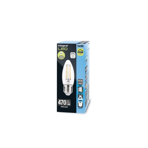 Integral Omni 3.4W E27 Dimmable LED Filament Candle Bulb – 4000K Cool White, 470lm – ILCANDE27DE076
