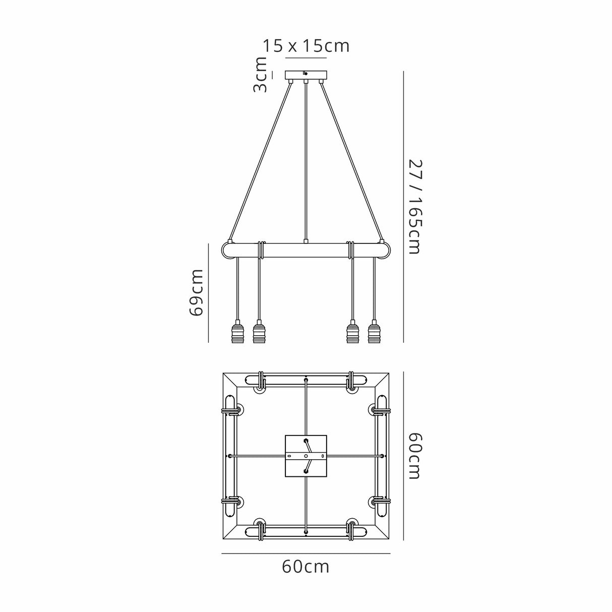 Tiler Square Pendant, 8 x E27, Medium Oak/Antique Brass