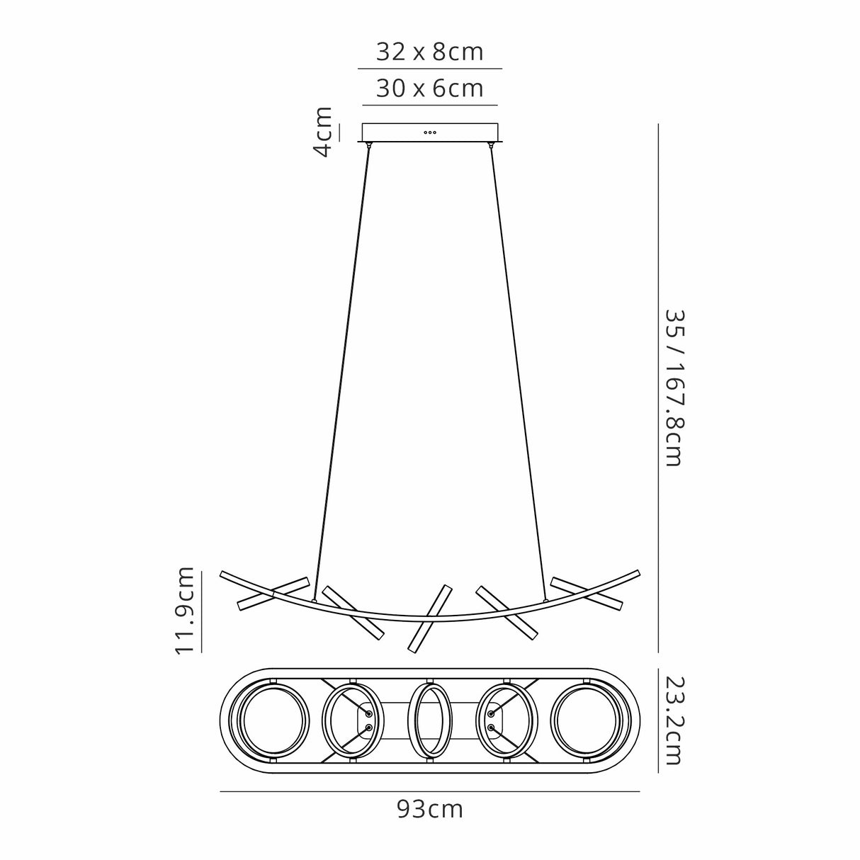 Bertshin Linear Pendant, 5 Ring, 36W LED, 3200K, 2200lm, Satin Black / Gold, 3yrs Warranty
