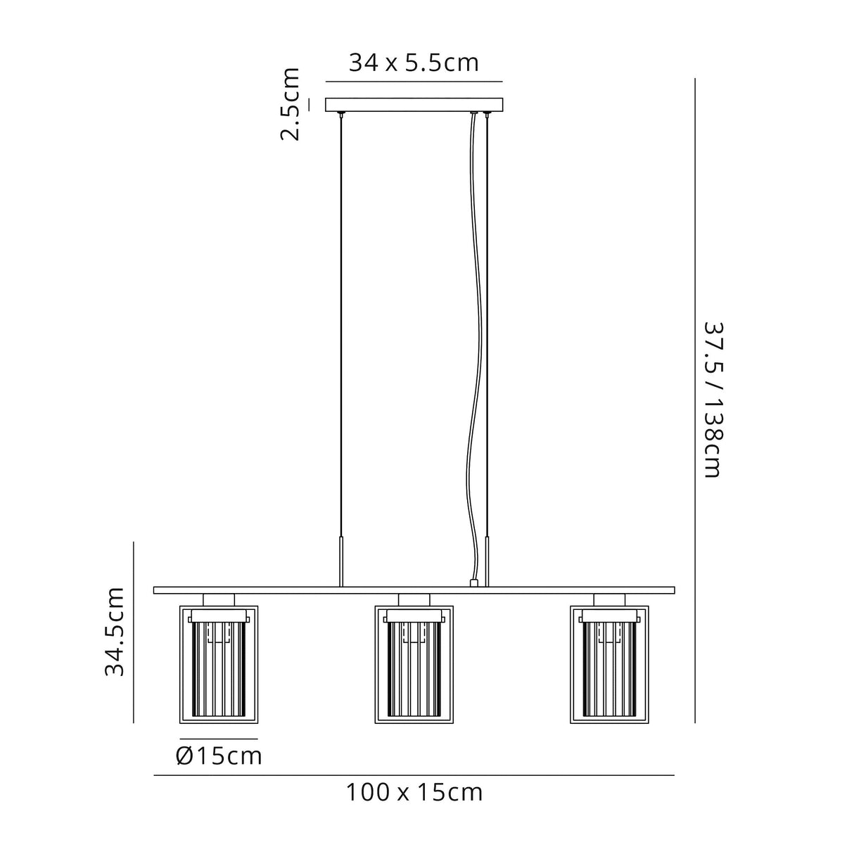 Swinburne Linear Pendant, 3 Light E27, Black/Clear Glass