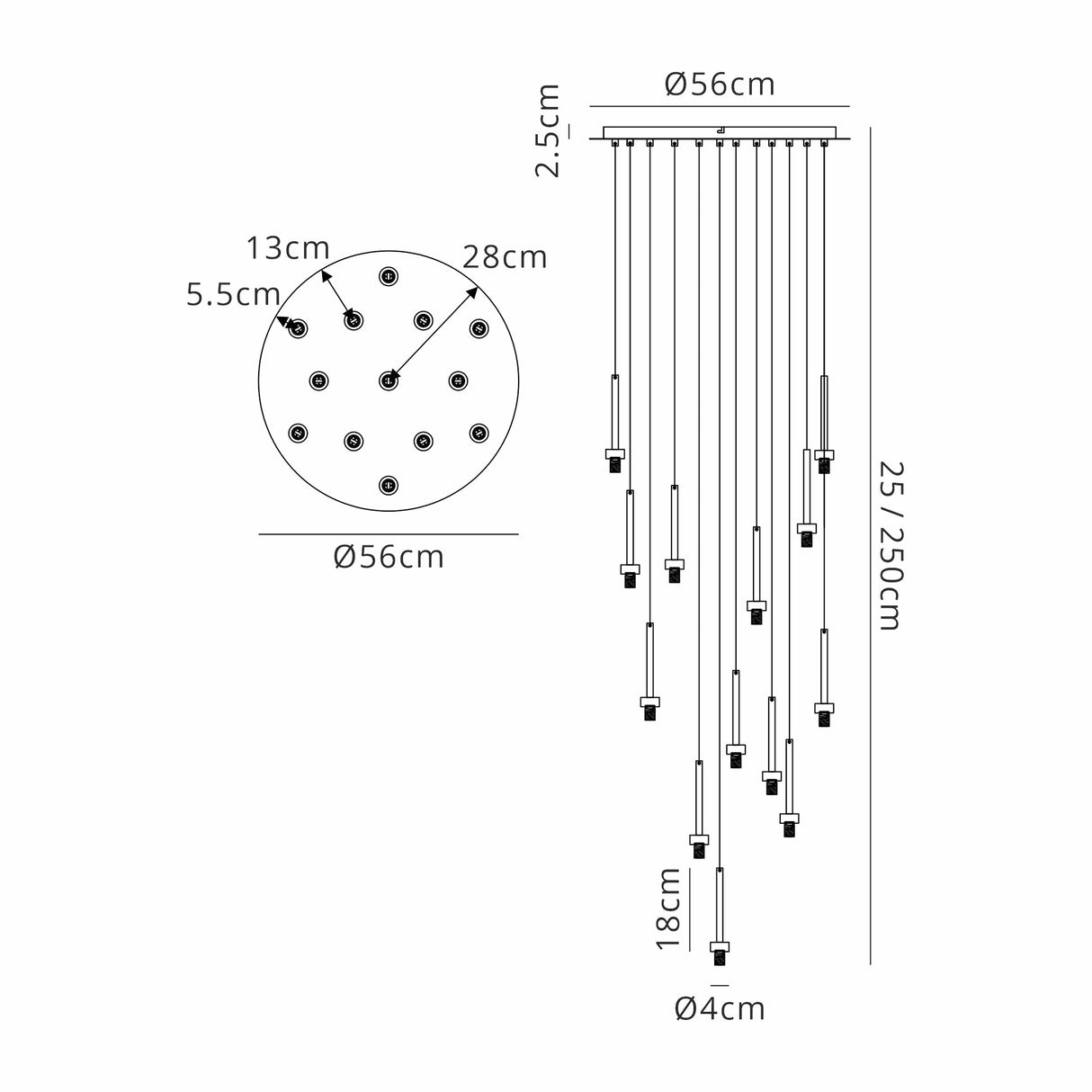 Lathen Polished Chrome 13 Light G9 Universal 2.5m Round Multiple Pendant, Suitable For A Vast Selection Of Glass Shades