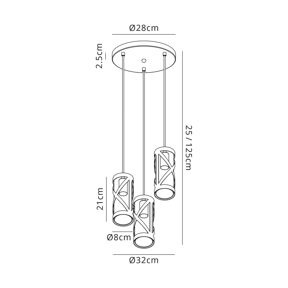 Ritchie 3 Light Round Pendant E14, Matt Grey/Polished Chrome/Cognac