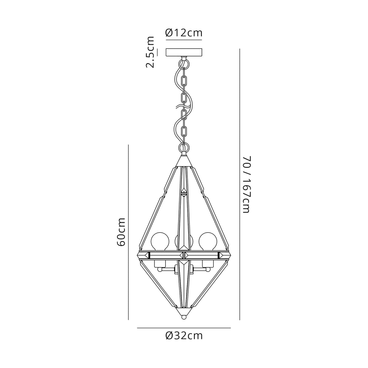 Ellison Diamond Pendant, 3 Light E27, Polished Nickel