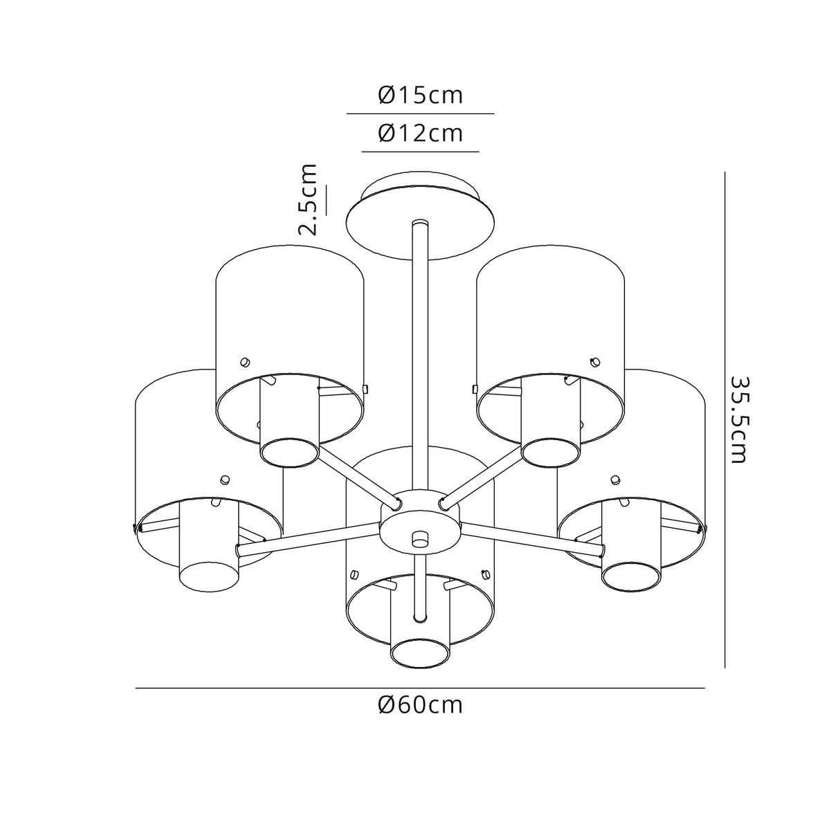 Chisholm Semi Flush Light, 5 x E27, Black/Smoke Fade Glass
