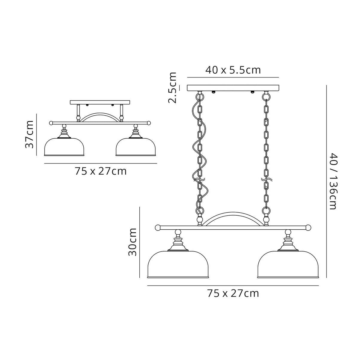 Gray Semi Flush / Pendant Bar, 2 Light Adjustable E27, Polished Nickel / Prismatic Glass