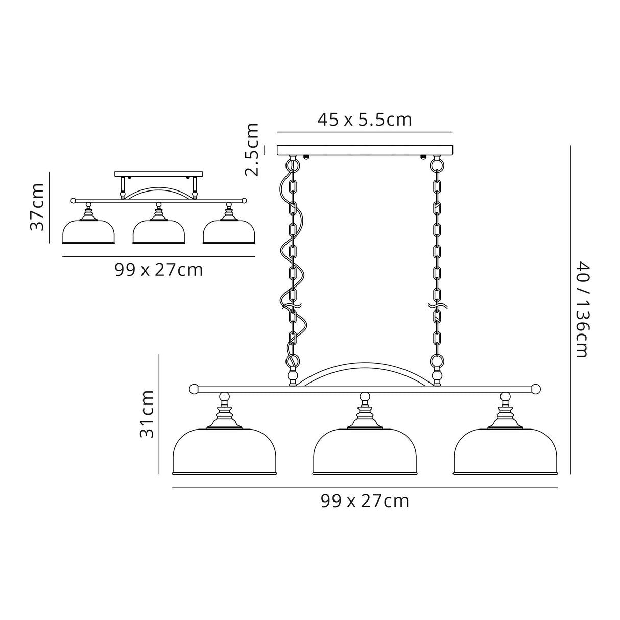 Gray Semi Flush / Pendant Bar, 3 Light Adjustable E27, Polished Nickel / Prismatic Glass