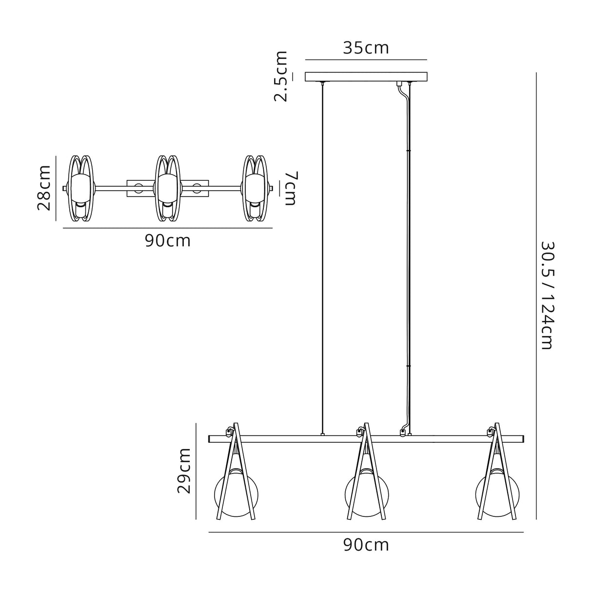 Kay Double Ring Linear Pendant, 3 Light E27, Matt Black / Painted Gold, G95/120 Lamp Recommended