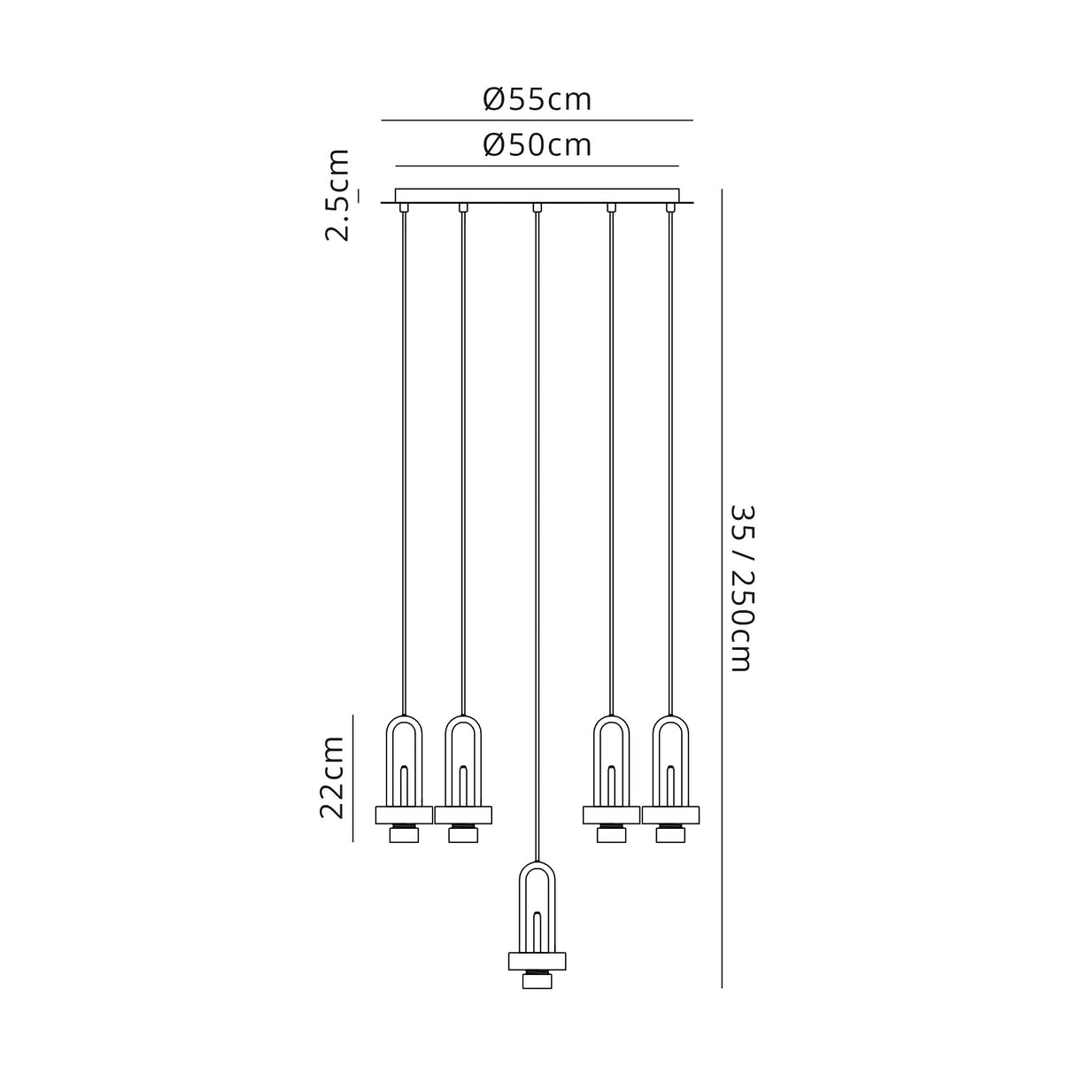 Allardyce 2.5m Round Suspension Kit, 5 x E27, Black Chrome / Matt Black