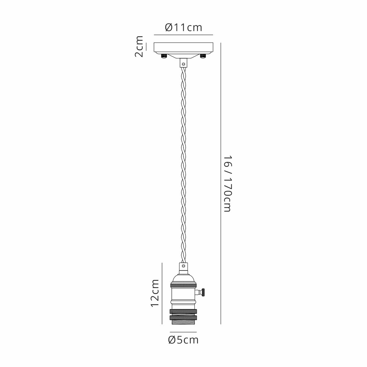 Rae Switched Pendant Light Kit 1.5m, 1 x E27, Antique Brass / Black 2 Core Twisted Cable