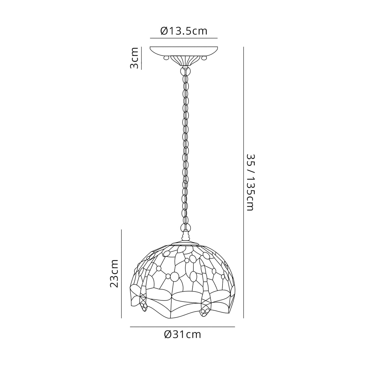 Hinnigan 3 Light Downlighter Pendant E27 With 30cm Tiffany Shade, Blue/Orange/Crystal/Aged Antique Brass
