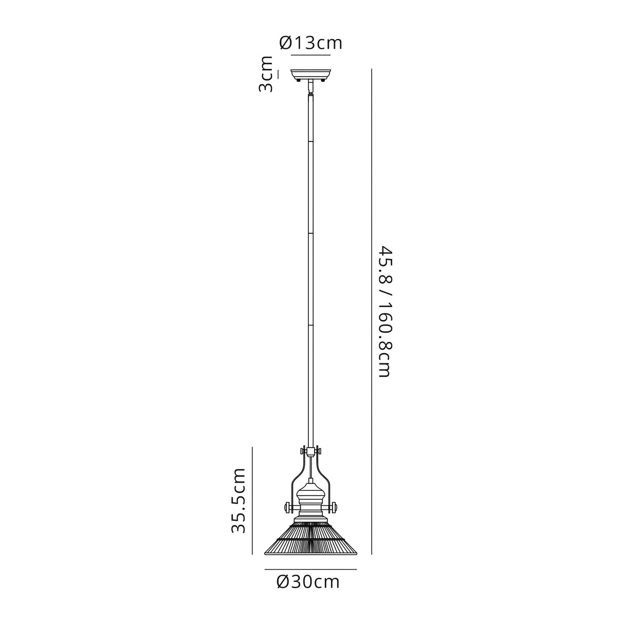 Munro 1 Light Pendant E27 With 30cm Cone Glass Shade, Antique Brass/Clear