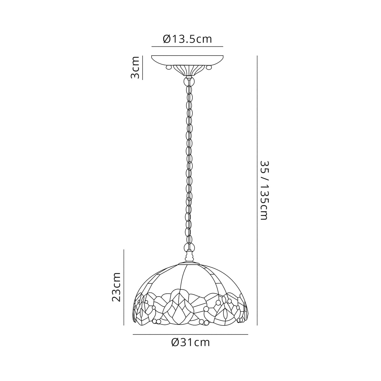 Siddall 3 Light Downlight Pendant E27 With 30cm Tiffany Shade, Blue/Clear Crystal/Aged Antique Brass