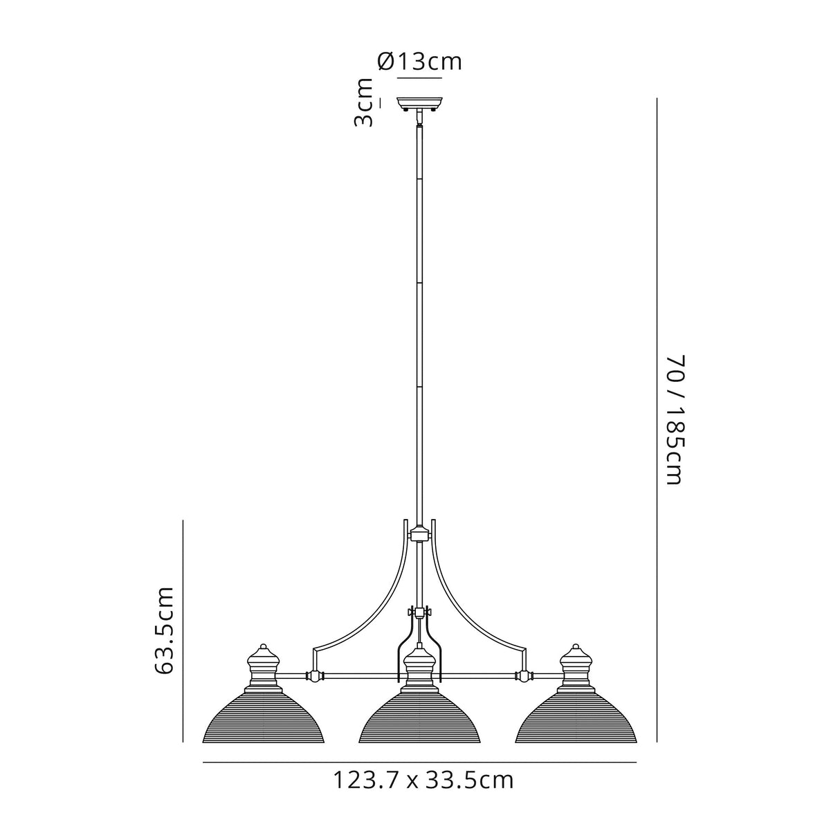 Munro 3 Light Linear Pendant E27 With 33.5cm Prismatic Glass Shade, Antique Brass, Clear