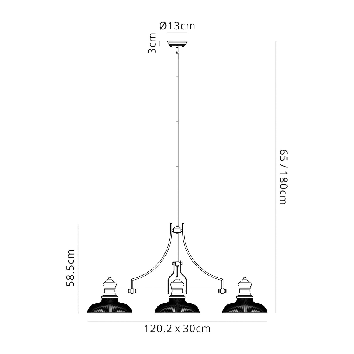 Munro 3 Light Linear Pendant E27 With 30cm Round Glass Shade, Polished Nickel, Amber
