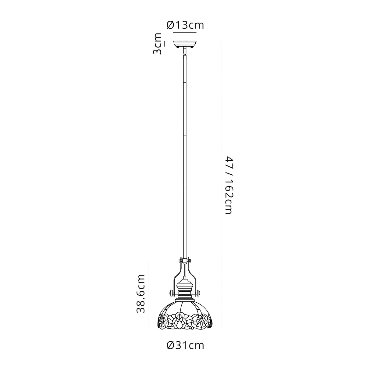 Siddall 1 Light Pendant E27 With 30cm Tiffany Shade, Polished Nickel/Blue/Clear Crystal