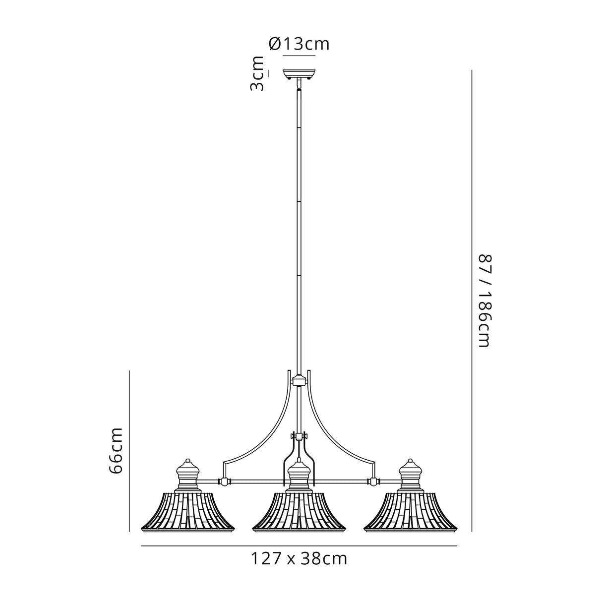 Munro Linear Pendant With 38cm Patterned Round Shade, 3 x E27, Antique Brass/Clear Glass Item Weight: 19.1kg