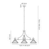 Wearne 3 Light Linear Pendant E27 With 30cm Tiffany Shade, Antique Brass, Amber, Cream, Crystal