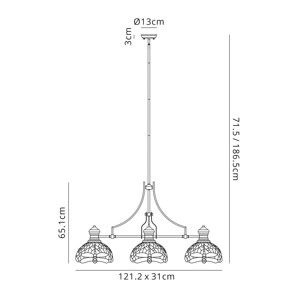 Hinnigan 3 Light Linear Pendant E27 With 30cm Tiffany Shade, Antique Brass, Purple, Pink, Crystal