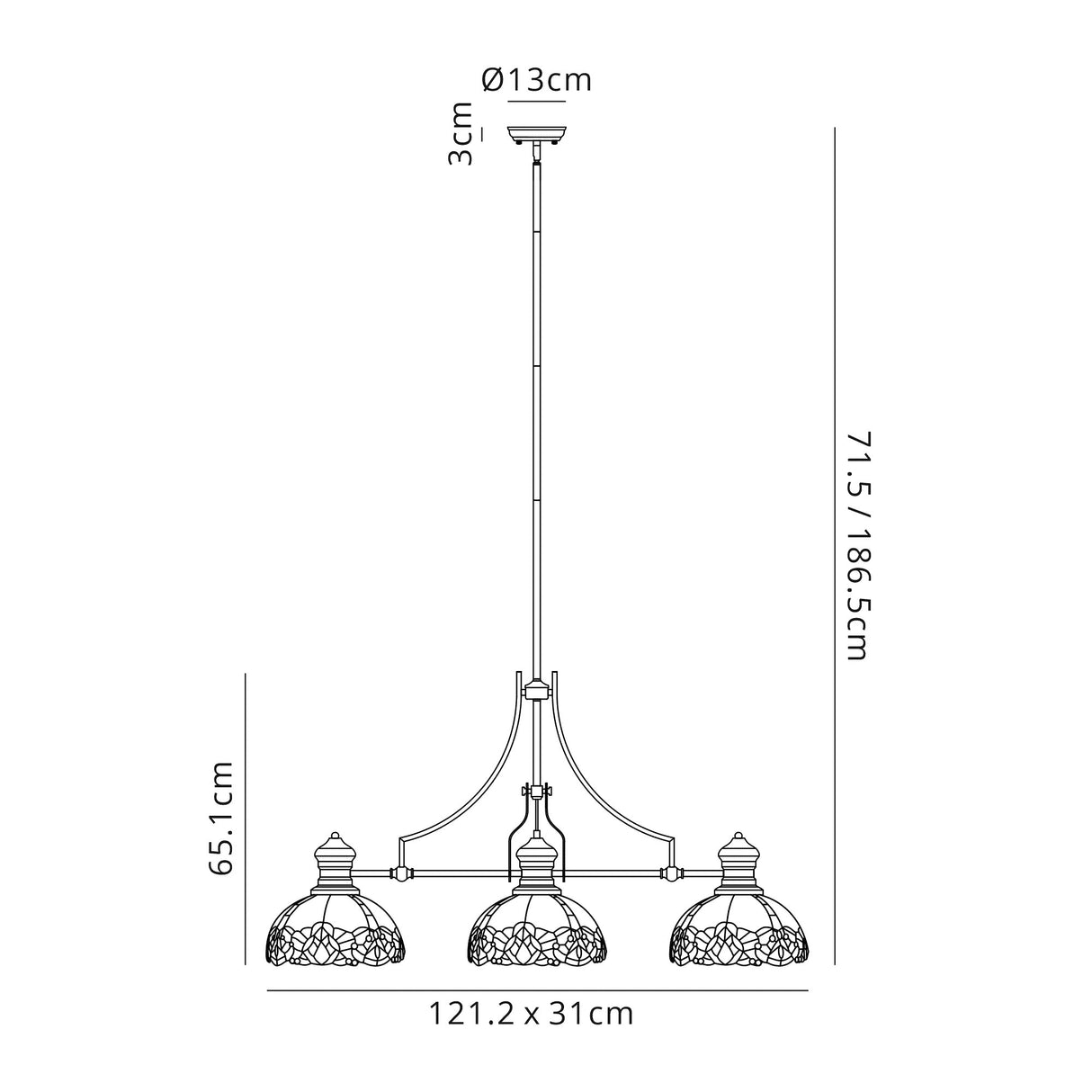 Siddall 3 Light Linear Pendant E27 With 30cm Tiffany Shade, Antique Brass, Blue, Clear Crystal