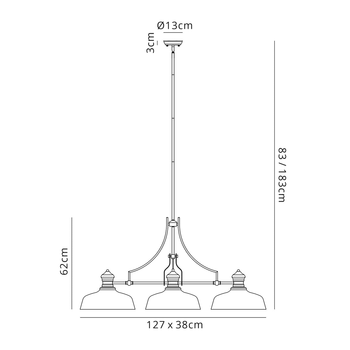Munro Linear Pendant With 38cm Flat Round Shade, 3 x E27, Polished Nickel/Clear Glass
