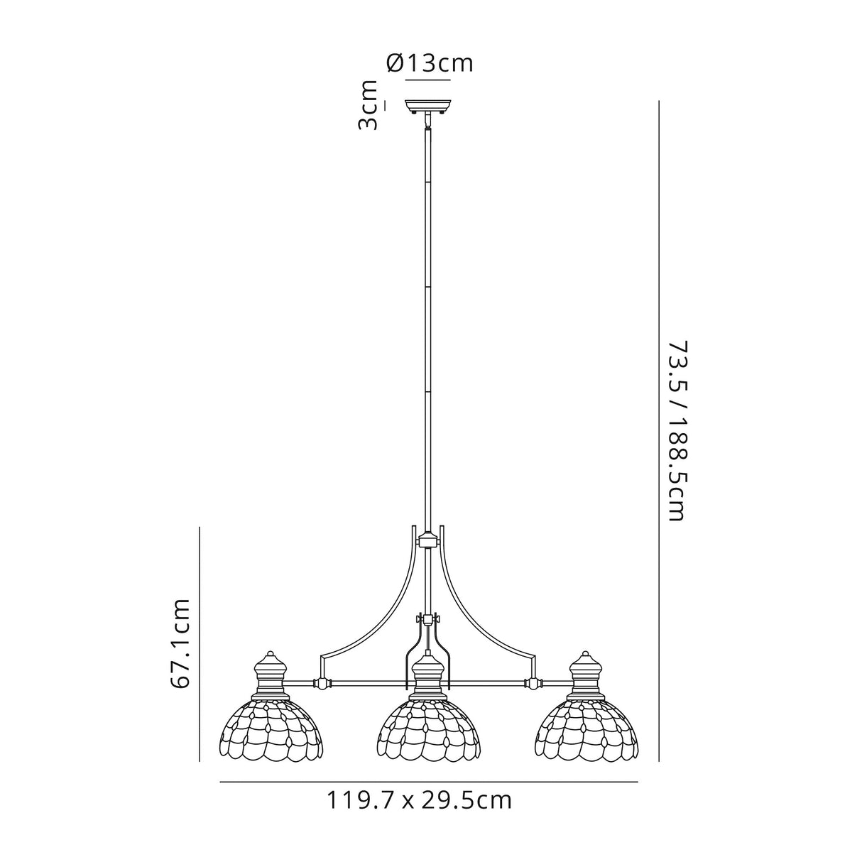 Finney 3 Light Linear Pendant E27 With 30cm Tiffany Shade, Polished Nickel, Beige, Clear Crystal