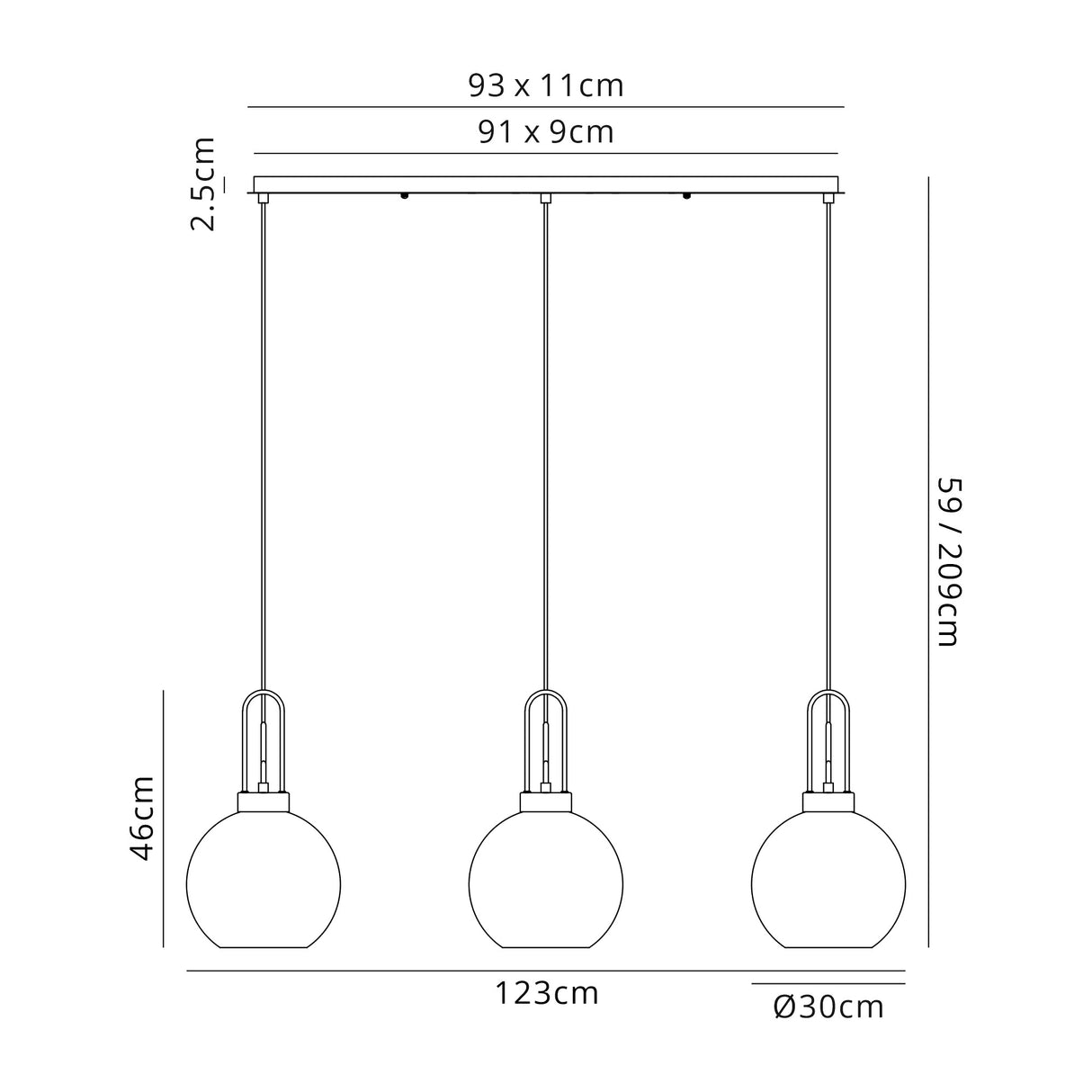Allardyce Linear 3 Light Pendant E27 With 30cm Globe Glass, Smoked/Clear Polished Nickel/Matt Black
