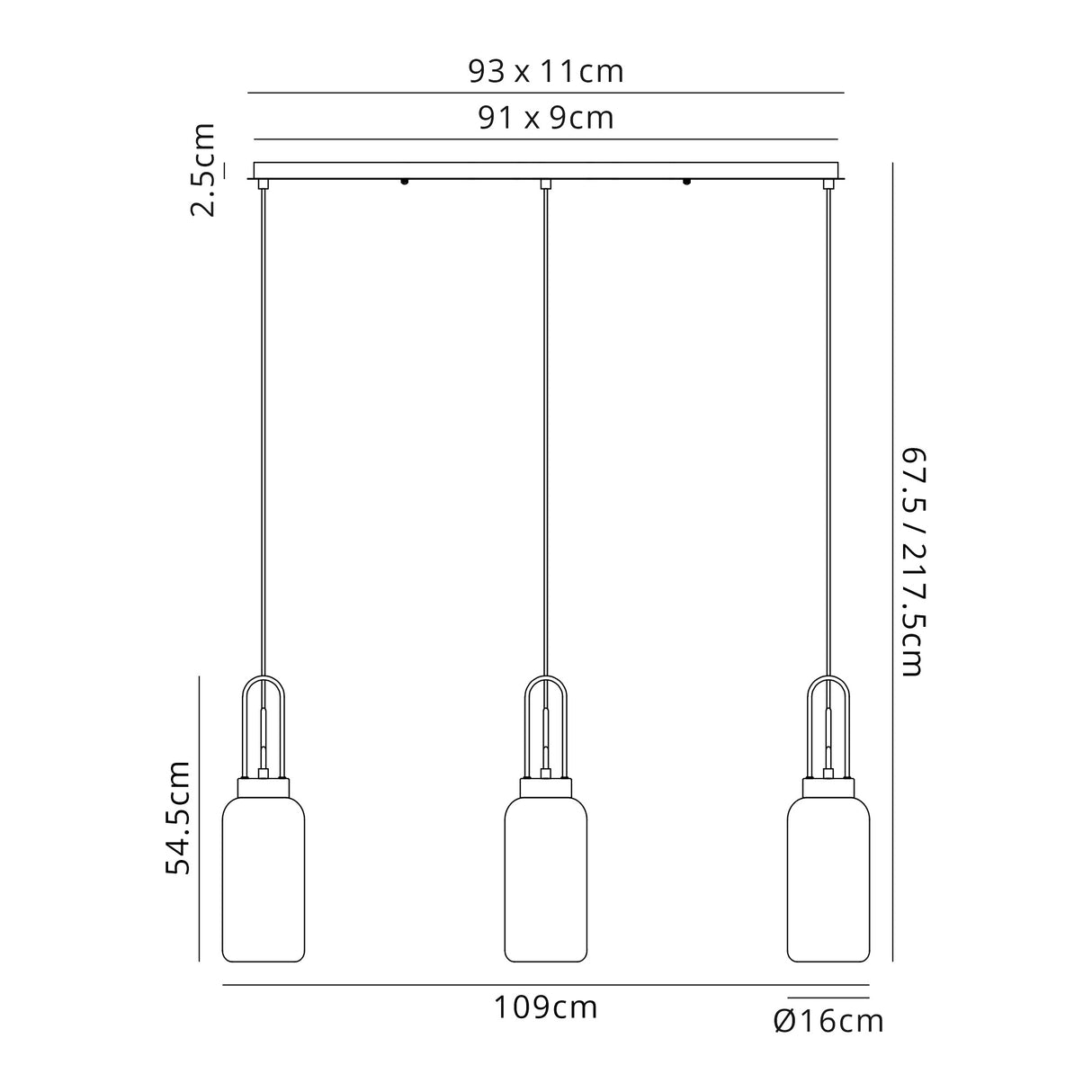 Allardyce Linear 3 Light Pendant E27 With 16cm Cylinder Glass, Smoked/Clear Polished Nickel/Matt Black