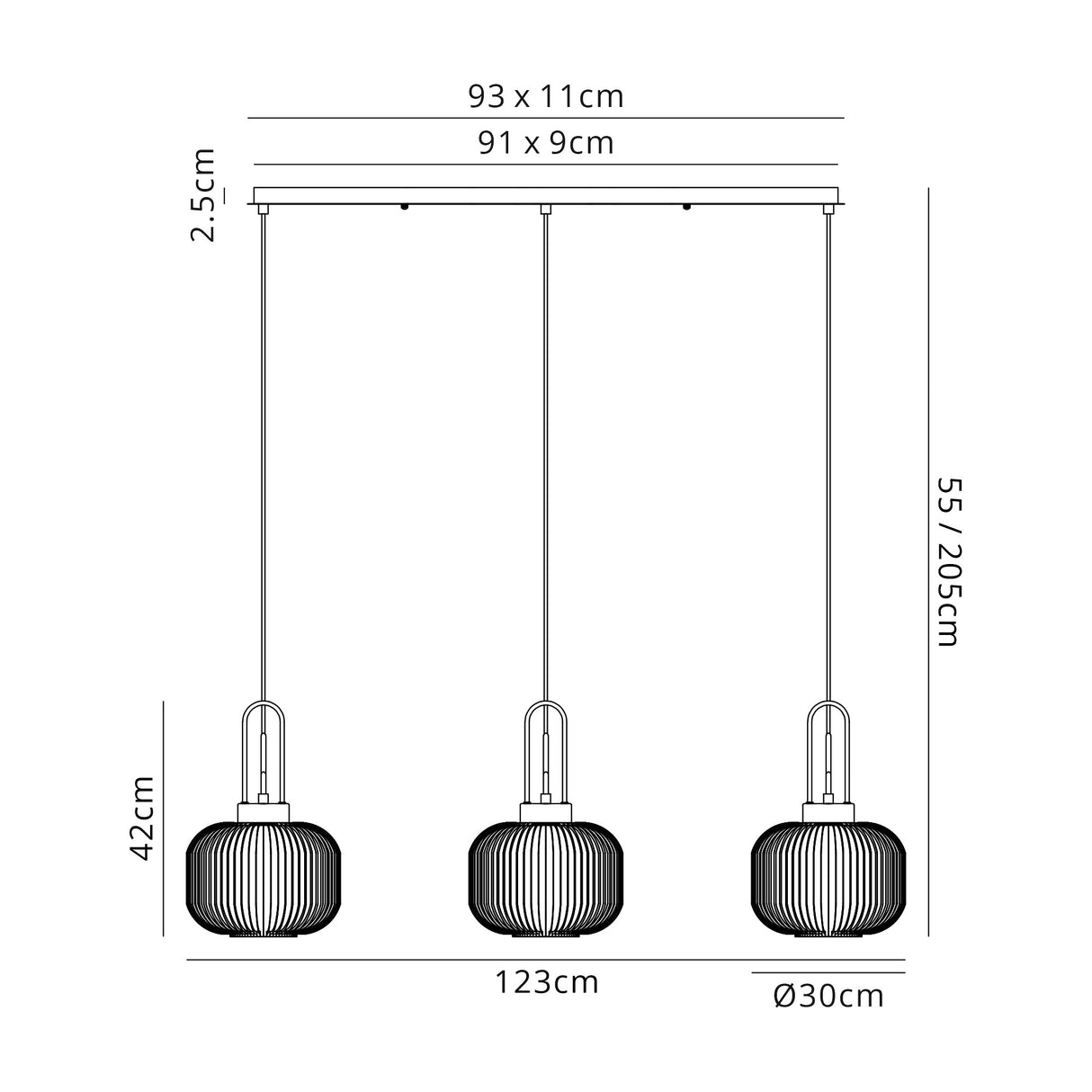 Allardyce Linear 3 Light Pendant E27, Copper/Matt Black With 30cm Pumpkin Shaped Ribbed Opal Glass