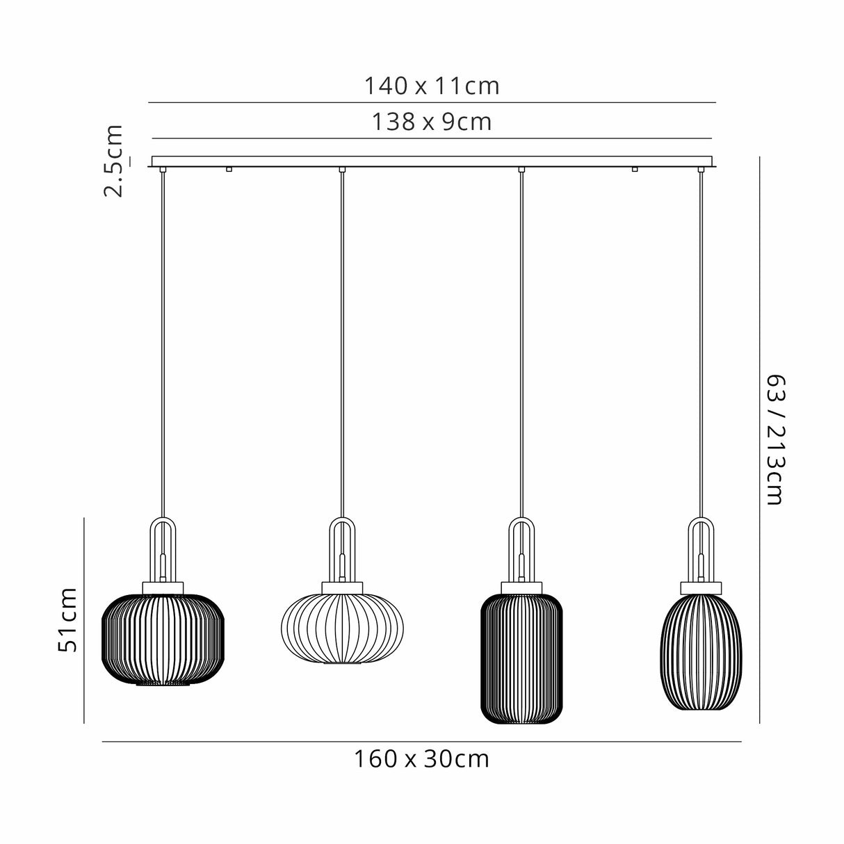 Allardyce Linear Pendant 4 Light E27 With Various Glasses, Brass Gold / Opal / Matt Black