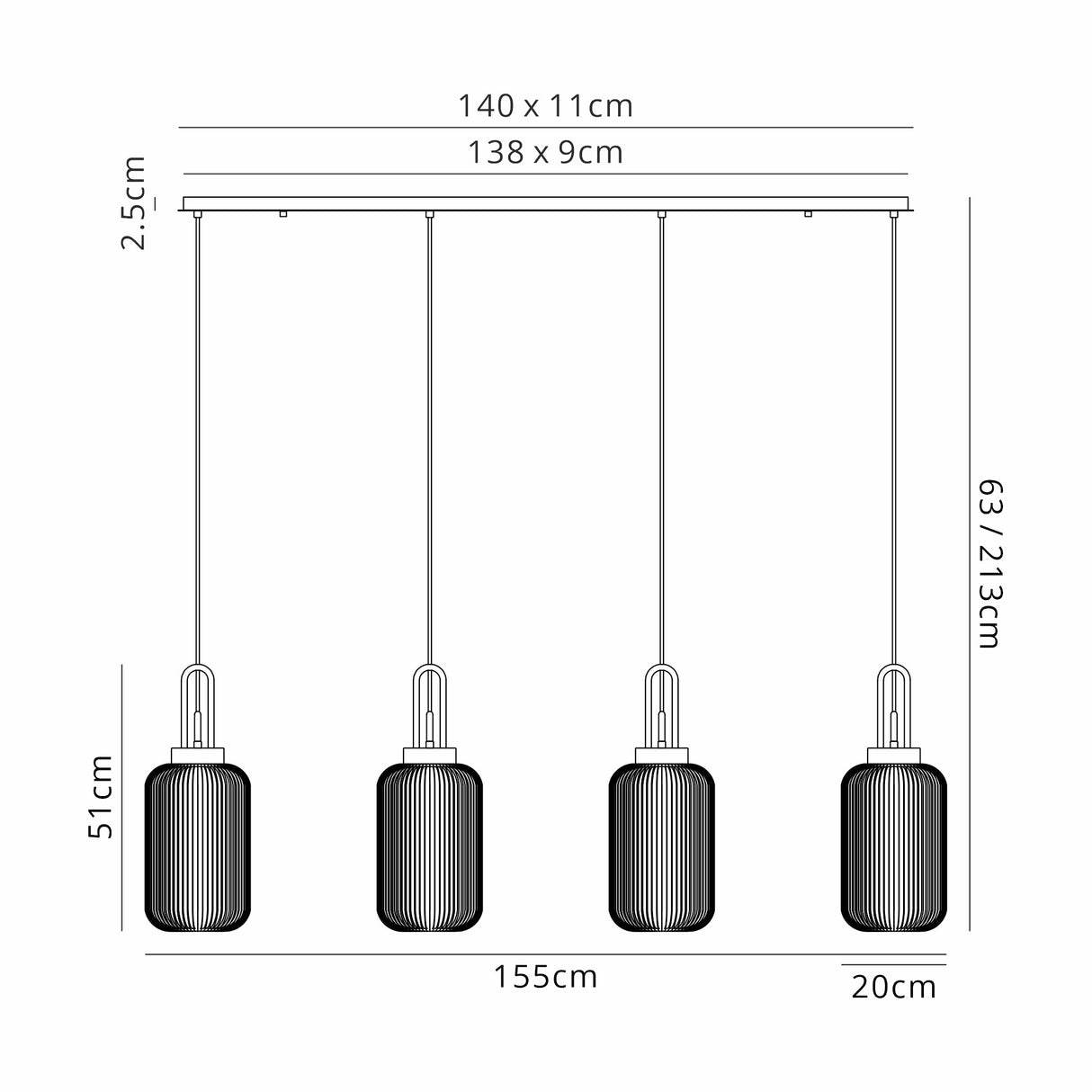 Allardyce Linear Pendant 4 Light E27 With 20cm Tubular Ribbed Glass, Aged Pewter / Champagne / Smoked / Matt Black
