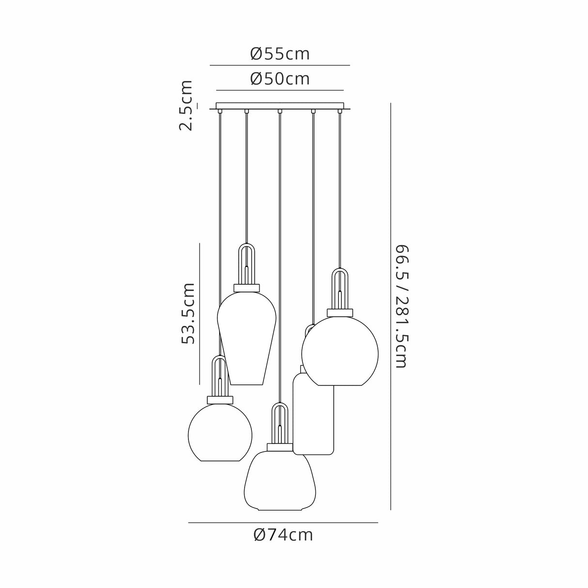 Allardyce 2.5m Round Pendant 5 Light E27 With Various Glasses, Brass Gold / Matt Black