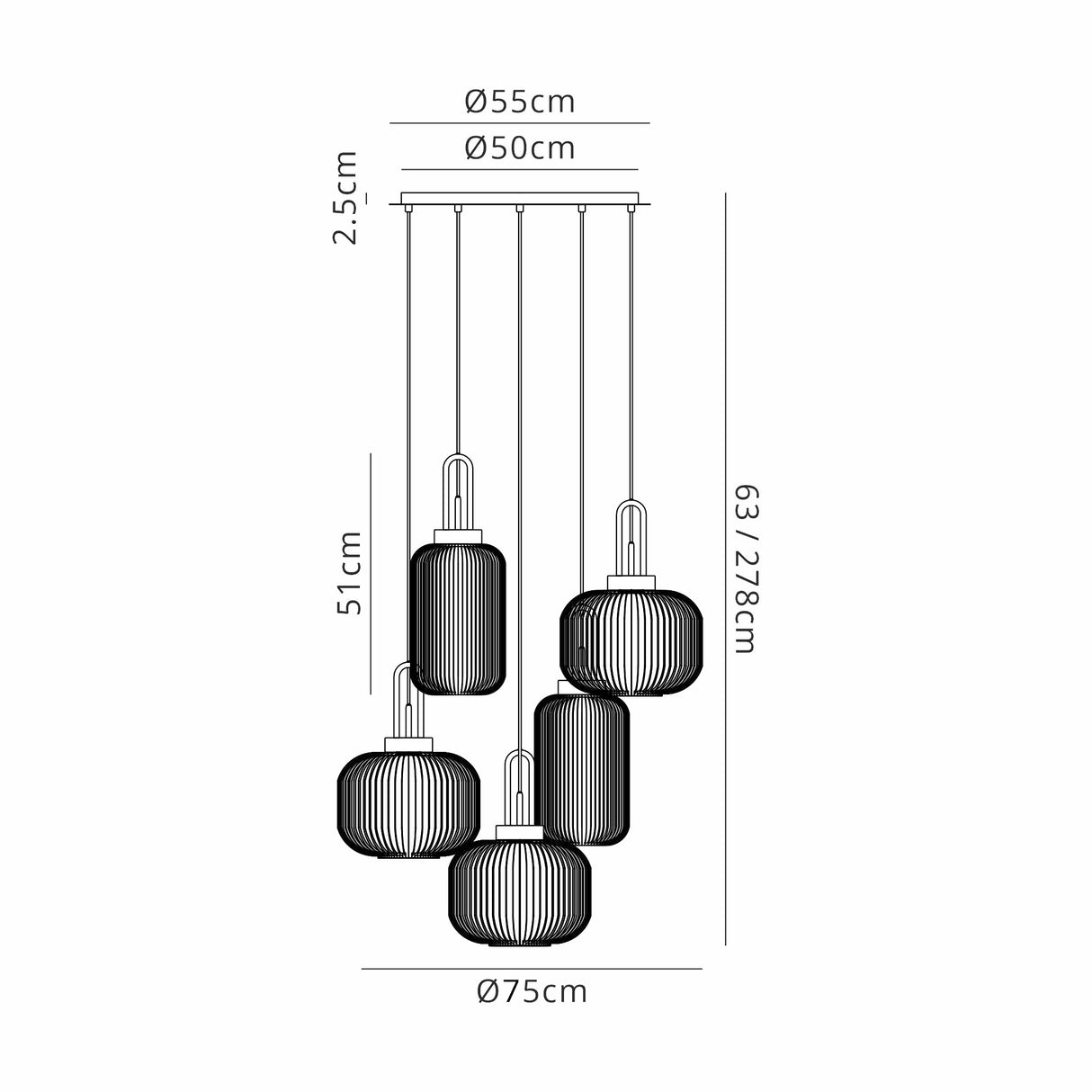 Allardyce 2.5m Round Pendant 5 Light E27  With Various Glasses, Black Chrome/Smoked/Petrol Blue/Green/Clear/Champagne
