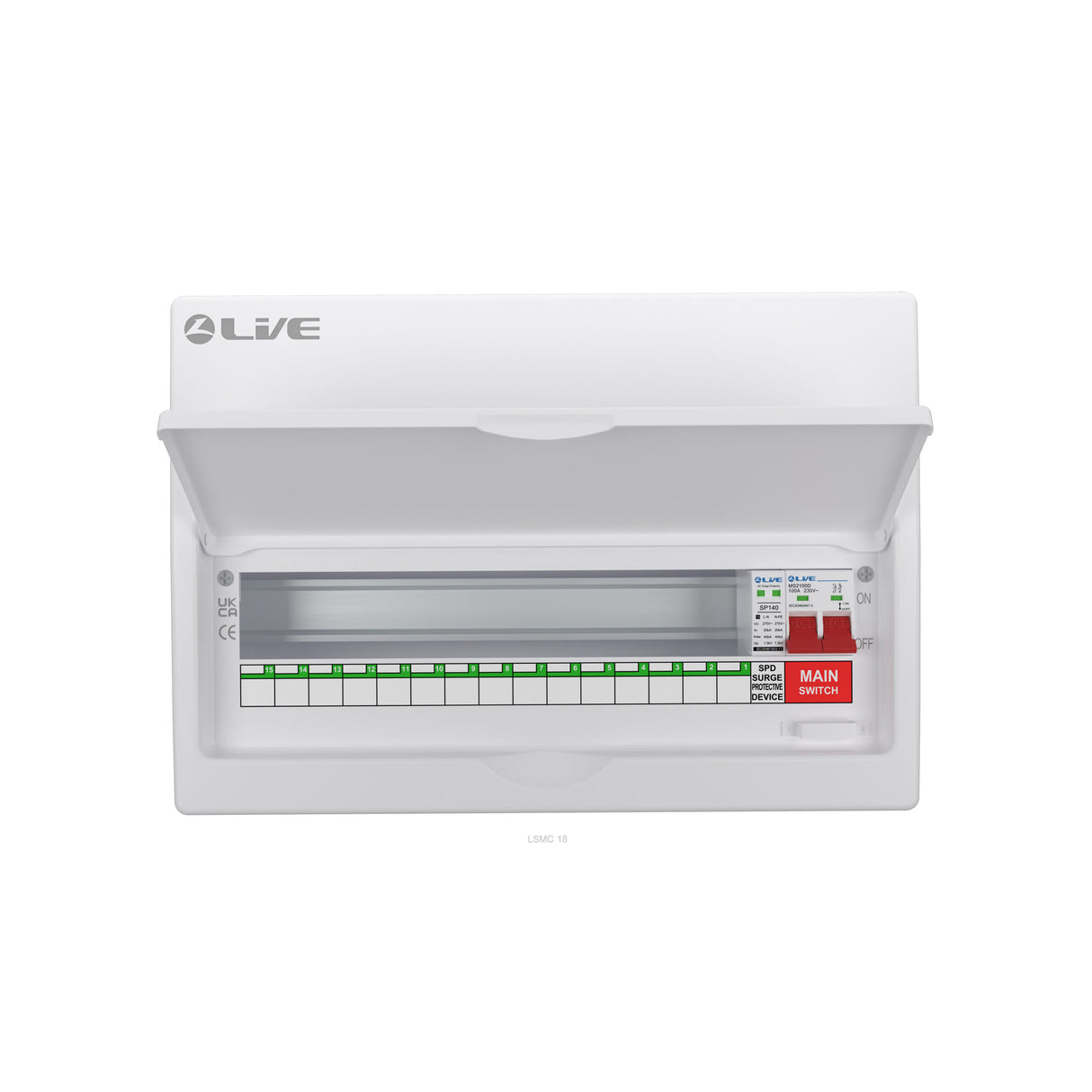 Live LSMC18M-SP 18 Way (15 Usable Way) Metal Clad Surge Protection Consumer Unit 100A Main Switch