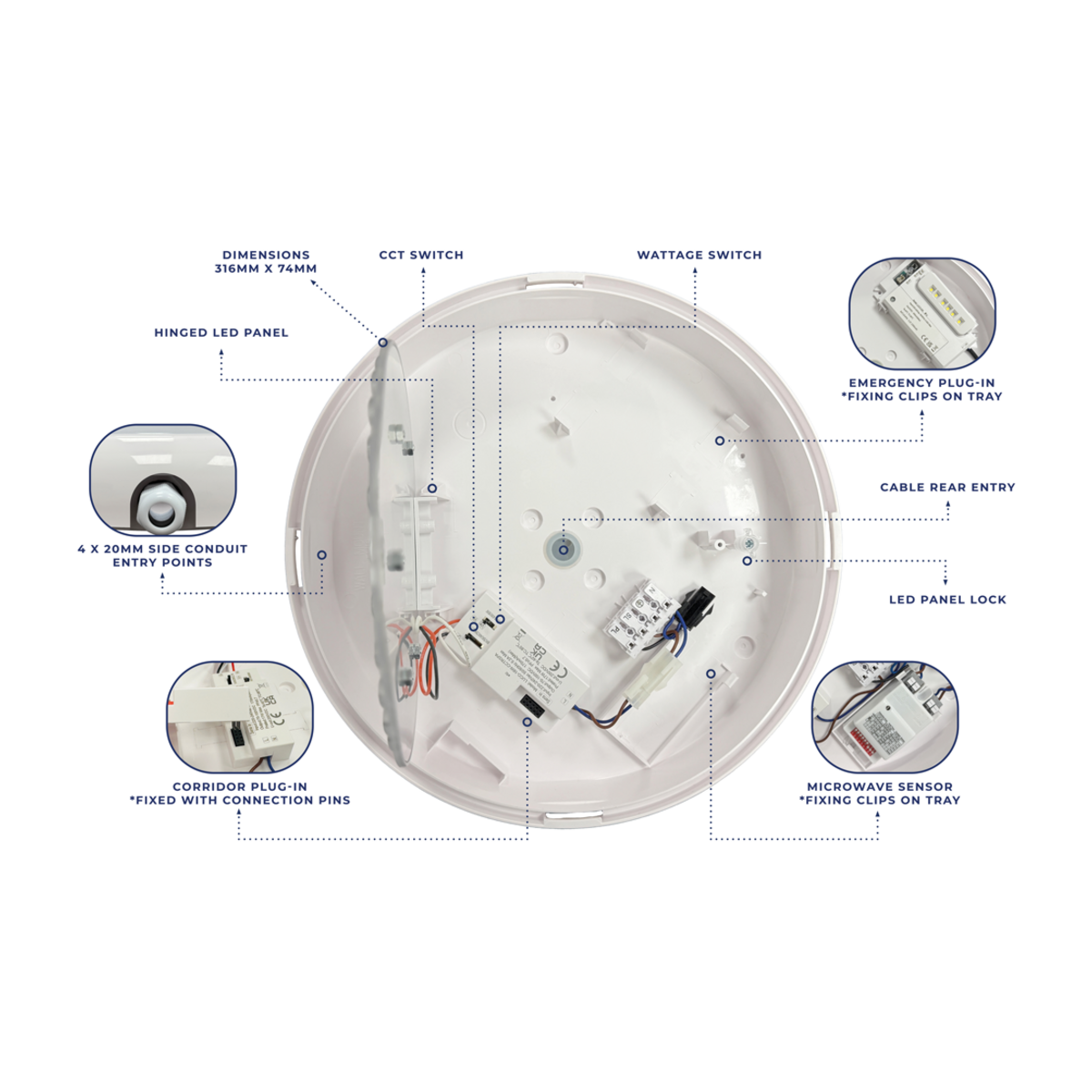 ELD 8W/14W/16W Wattage & 5-CCT Selectable LED Bulkhead IP65 - LUN-CE3X5-CT