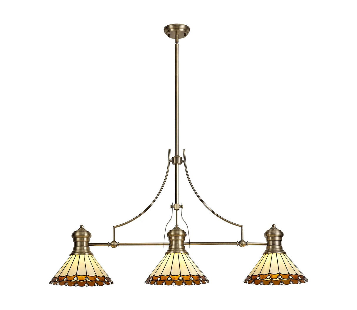 Williams 3 Light Linear Pendant E27 With 30cm Tiffany Shade, Antique Brass, Amber, Cream, Crystal