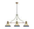 Williams 3 Light Linear Pendant E27 With 30cm Tiffany Shade, Antique Brass, Blue, Cream, Crystal
