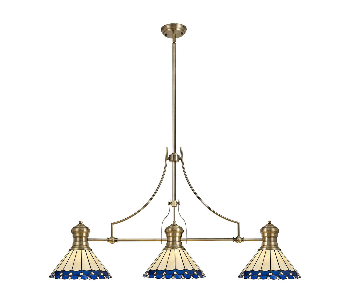 Williams 3 Light Linear Pendant E27 With 30cm Tiffany Shade, Antique Brass, Blue, Cream, Crystal
