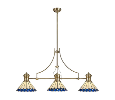 Williams 3 Light Linear Pendant E27 With 30cm Tiffany Shade, Antique Brass, Blue, Cream, Crystal