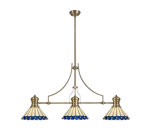 Williams 3 Light Linear Pendant E27 With 30cm Tiffany Shade, Antique Brass, Blue, Cream, Crystal