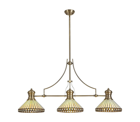 Wearne 3 Light Linear Pendant E27 With 30cm Tiffany Shade, Antique Brass, Amber, Cream, Crystal
