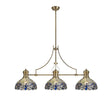 Siddall 3 Light Linear Pendant E27 With 30cm Tiffany Shade, Antique Brass, Blue, Clear Crystal