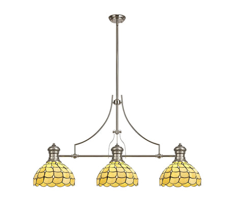 Finney 3 Light Linear Pendant E27 With 30cm Tiffany Shade, Polished Nickel, Beige, Clear Crystal
