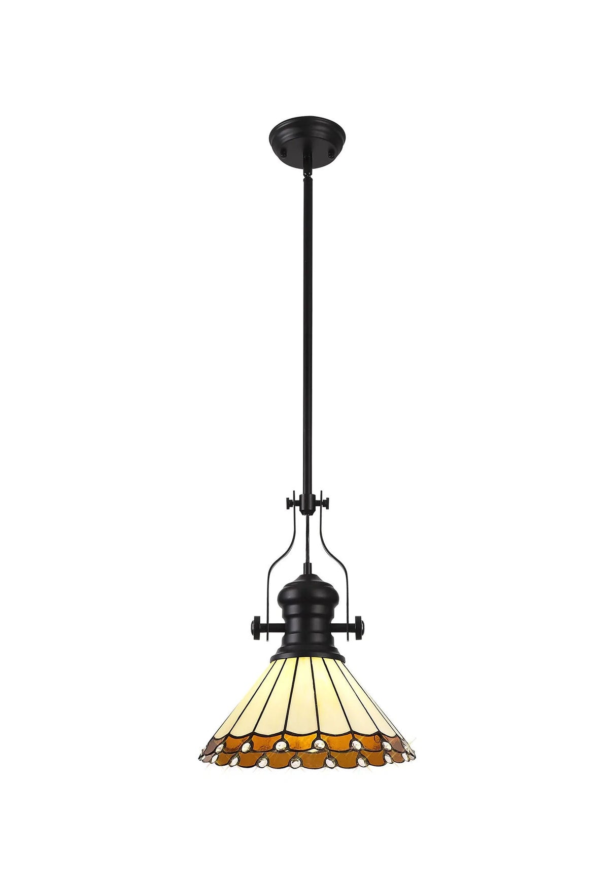 Williams 1 Light Pendant E27 With 30cm Tiffany Shade, Matt Black/Amber/Cream/Crystal