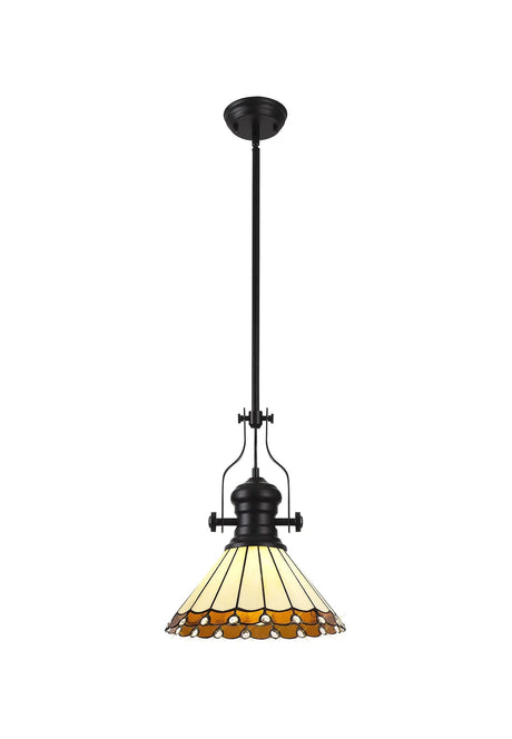 Williams 1 Light Pendant E27 With 30cm Tiffany Shade, Matt Black/Amber/Cream/Crystal
