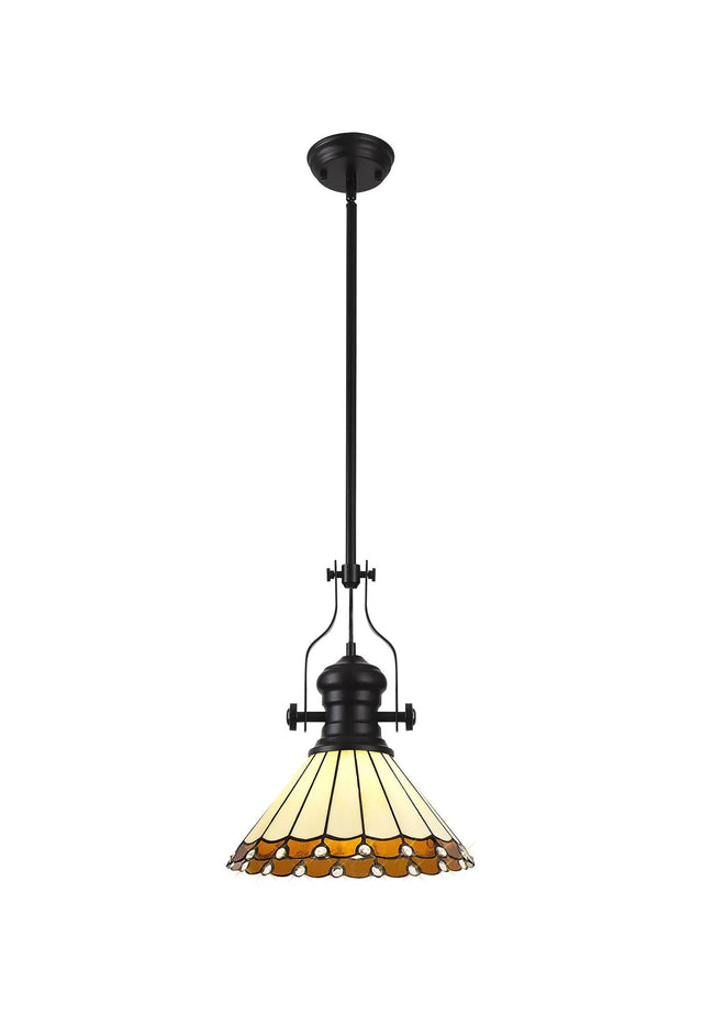 Williams 1 Light Pendant E27 With 30cm Tiffany Shade, Matt Black/Amber/Cream/Crystal