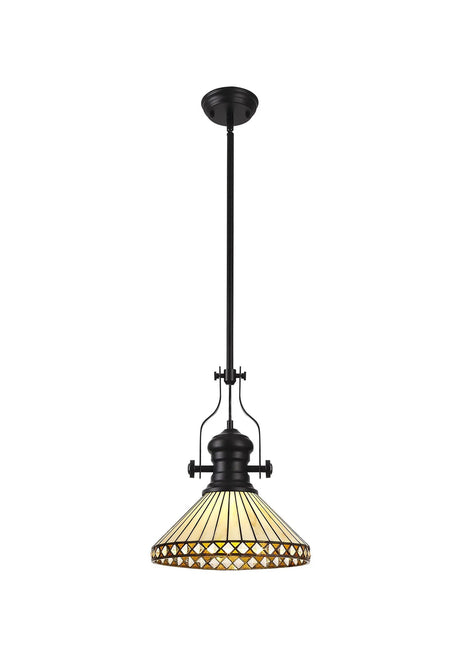 Wearne 1 Light Pendant E27 With 30cm Tiffany Shade, Matt Black/Amber/Cream/Crystal