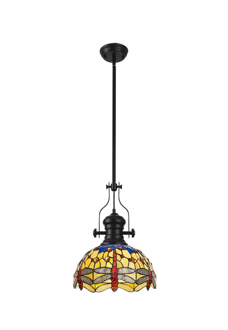 Hinnigan 1 Light Pendant E27 With 30cm Tiffany Shade, Matt Black/Blue/Orange/Crystal