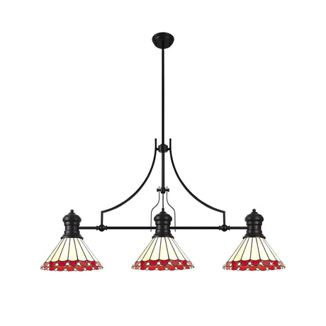 Williams 3 Light Linear Pendant E27 With 30cm Tiffany Shade, Matt Black, Red, Cream, Crystal