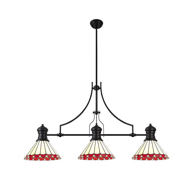 Williams 3 Light Linear Pendant E27 With 30cm Tiffany Shade, Matt Black, Red, Cream, Crystal